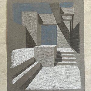 light shadows cubist blocks stairs original pastel drawing art artwork office